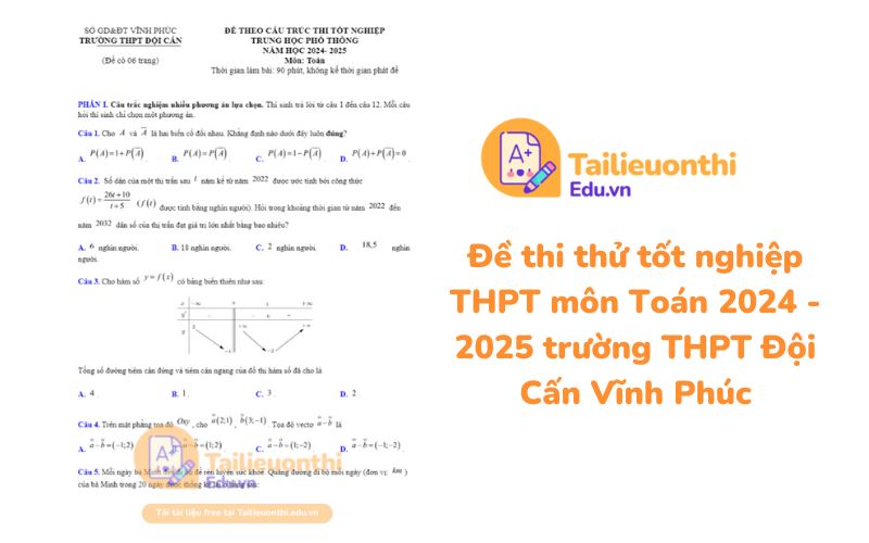 Đề thi thử tốt nghiệp THPT môn Toán 2024 - 2025 trường THPT Đội Cấn Vĩnh Phúc